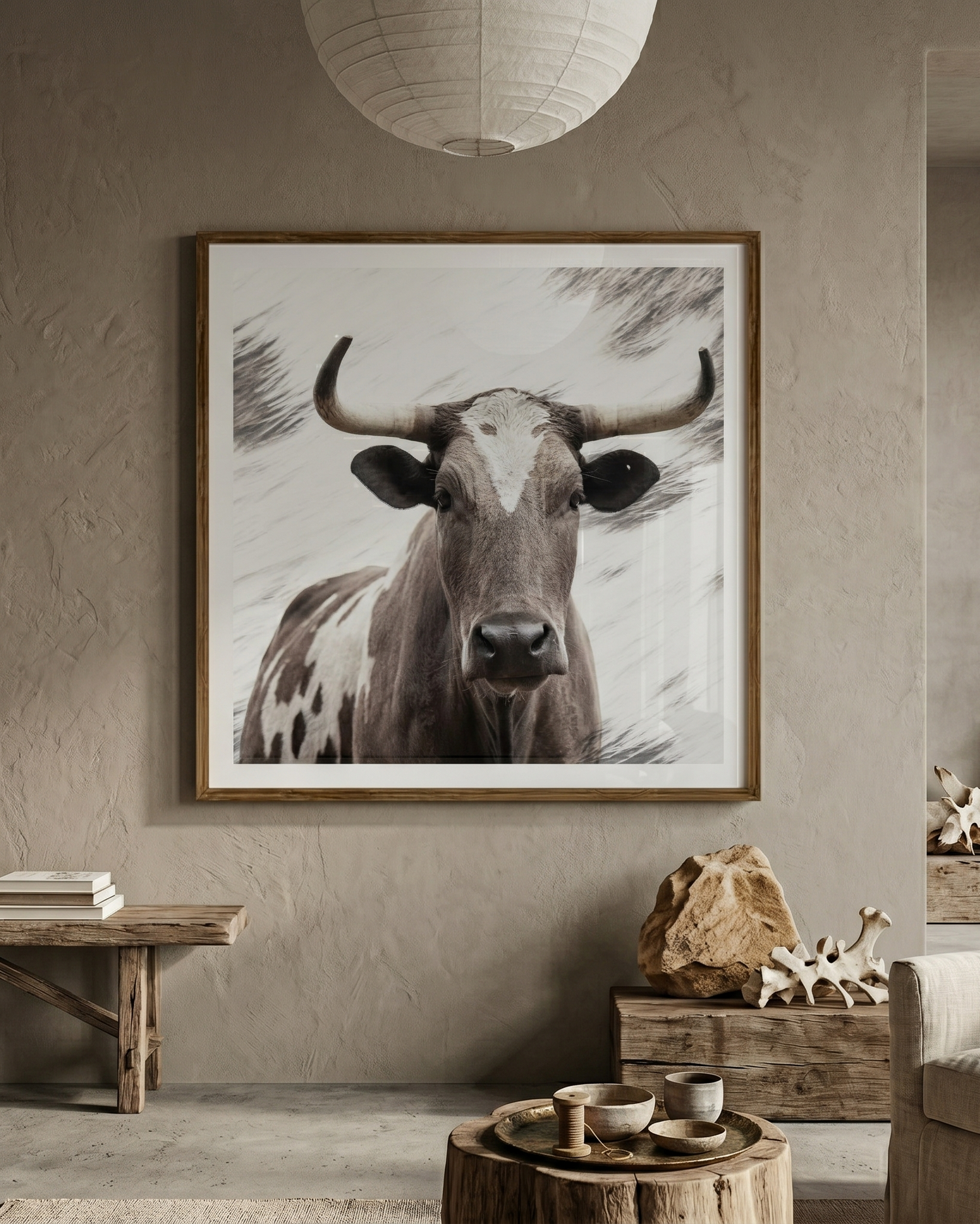 A framed black and white bull portrait print hanging on a textured beige wall in a styled living room with rustic furniture and decor.