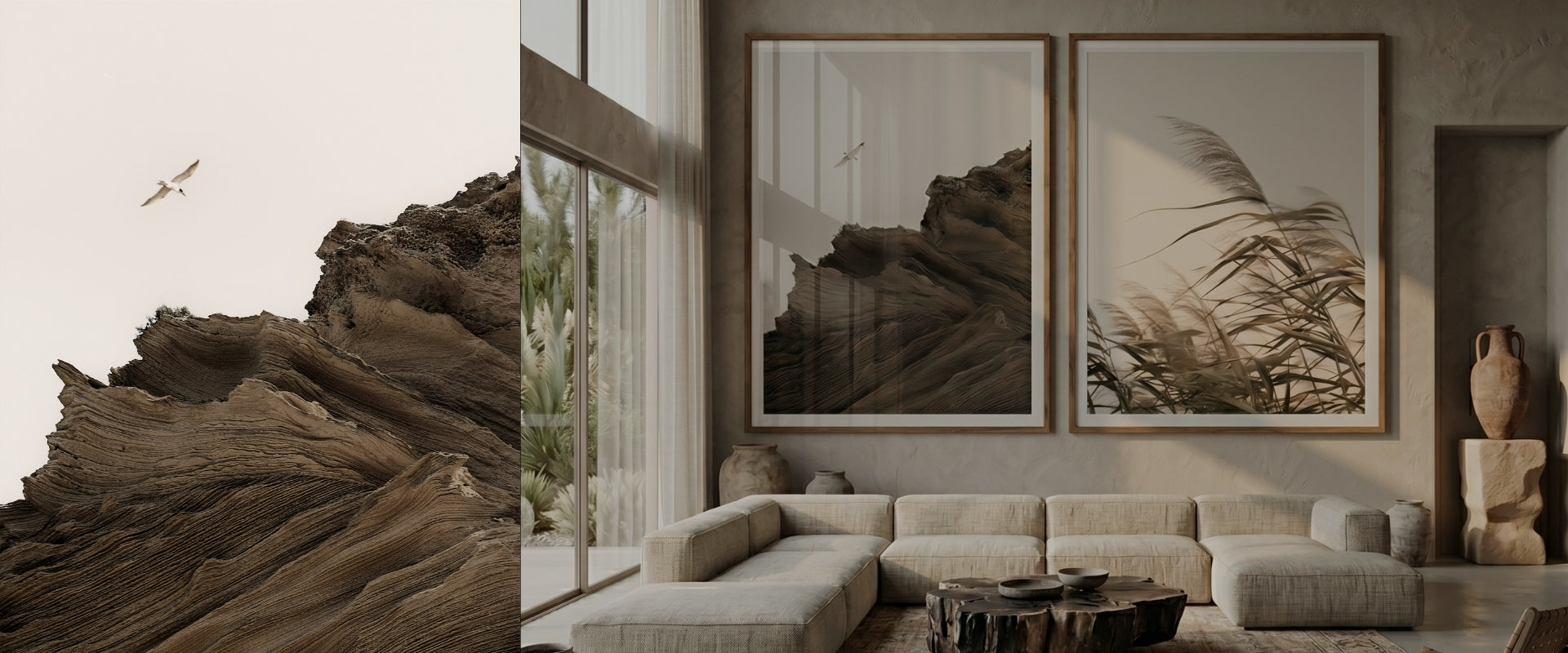 A split-screen presentation showing a large-scale desert rock wall mural on the left and installed in a modern living room setting on the right, featuring two framed prints above a beige sectional sofa.