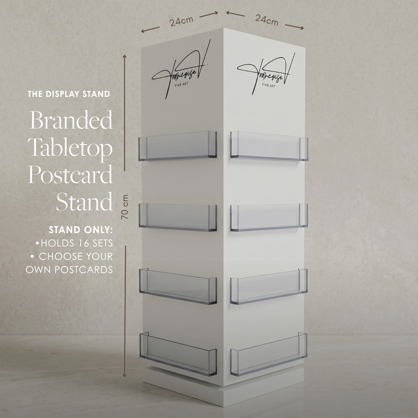 A freestanding white tabletop postcard display stand with six clear acrylic slots, shown with overlaid dimensions (24 cm top and bottom, 70 cm height) and text noting it holds 16 sets and allows custom postcards.