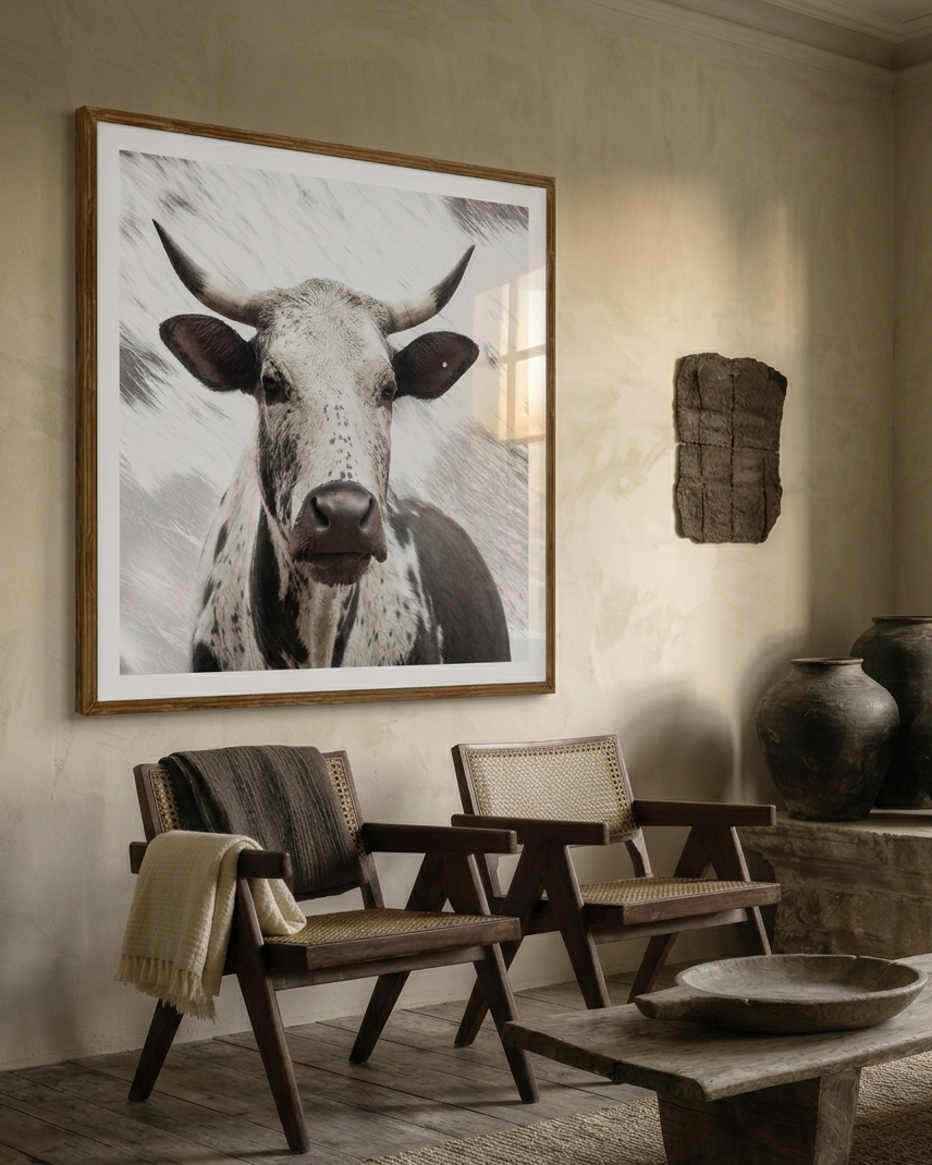 A large framed black and white bull portrait print hangs on a textured beige wall in a styled interior room with two wooden chairs, a stone coffee table, and dark ceramic vases.