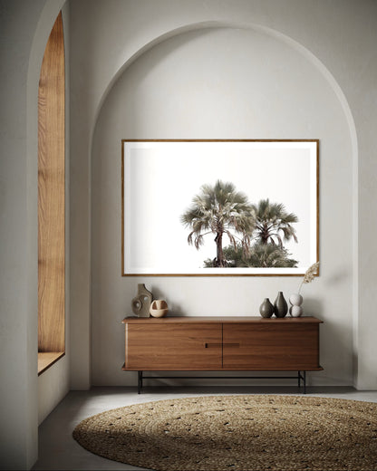 Modern interior featuring a framed artwork of palm trees with a clear sky by Francoise V Fine Art Gallery in Cape Town, South Africa