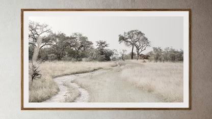 Natural Wood Kiaat framed artwork of a portrait of a Savannah Landscape by Francoise V Fine Art Gallery in Cape Town, South Africa
