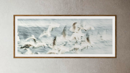 Natural Wood Kiaat framed artwork of a Flock of birds flying over a snowy landscape by Francoise V Fine Art Gallery in Cape Town, South Africa