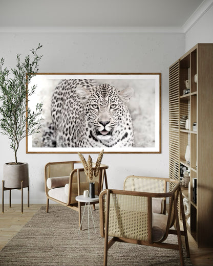 Modern interior featuring a framed artwork of a portrait of a leopard by Francoise V Fine Art Gallery in Cape Town, South Africa